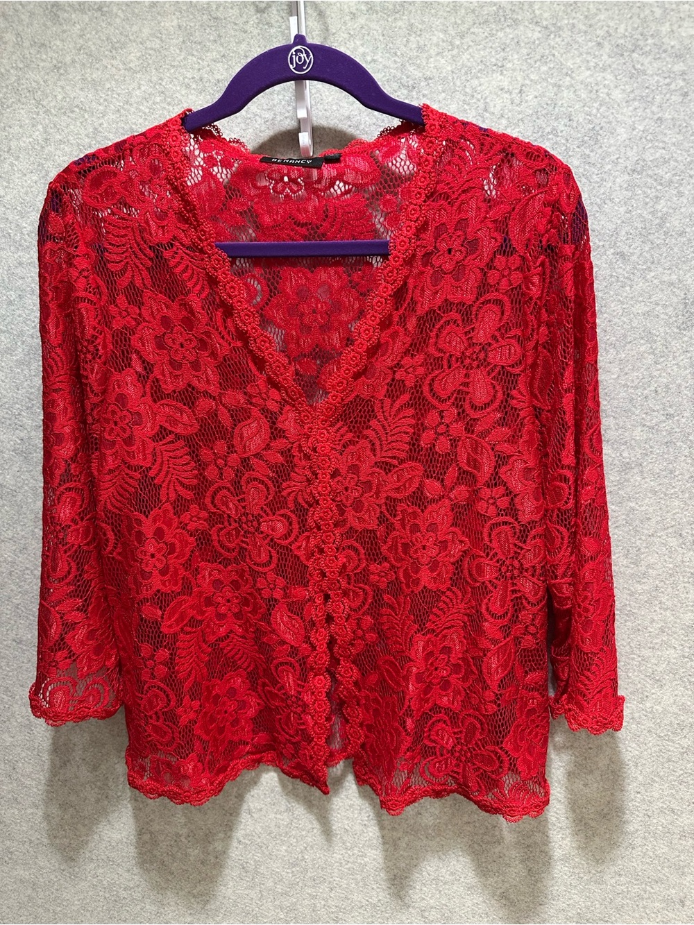 Benancy Women's Red Lace V-Neck Blouse - Lightweight Floral Overlay